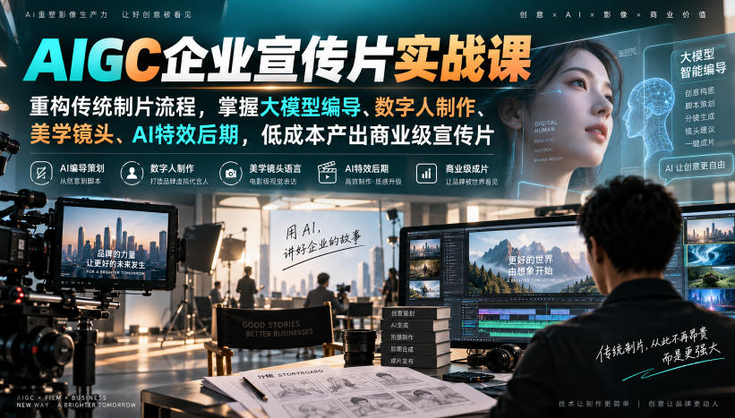 AIGC企业宣传片实战课，重构传统制片流程，掌握大模型编导、数字人制作、美学镜头、AI特效后期，低成本产出商业级宣传片瀚萌资源网-网赚网-网赚项目网-虚拟资源网-国学资源网-易学资源网-本站有全网最新网赚项目-易学课程资源-中医课程资源的在线下载网站！瀚萌资源网
