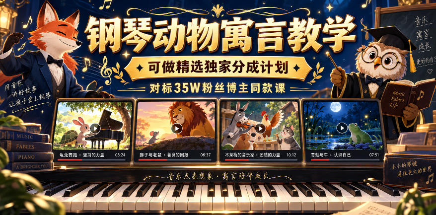 钢琴动物寓言教学，可做精选独家分成计划，对标35W粉丝博主同款课瀚萌资源网-网赚网-网赚项目网-虚拟资源网-国学资源网-易学资源网-本站有全网最新网赚项目-易学课程资源-中医课程资源的在线下载网站！瀚萌资源网
