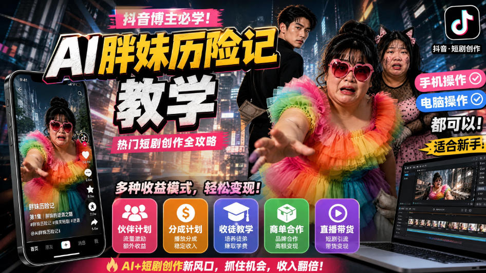 抖音博主的AI胖妹历险记教学，伙伴计划+分成计划+收徒+商单等多种收益，适合新手，手机电脑都可以操作瀚萌资源网-网赚网-网赚项目网-虚拟资源网-国学资源网-易学资源网-本站有全网最新网赚项目-易学课程资源-中医课程资源的在线下载网站！瀚萌资源网