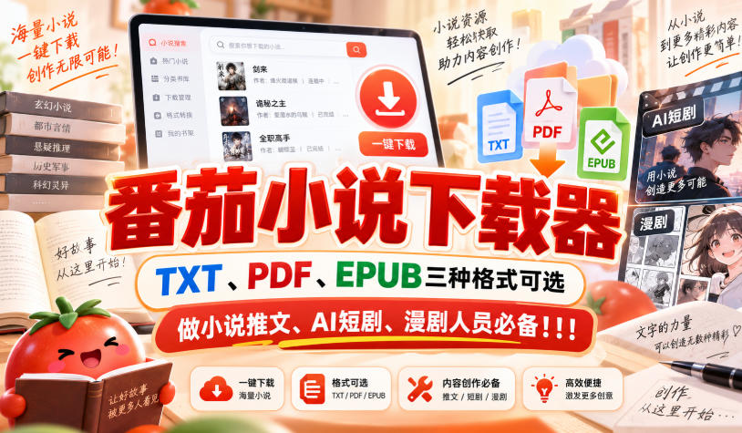 番茄小说下载器，TXT、PDF、EPUB三种格式可选，做小说推文、AI短剧、漫剧人员必备！！！瀚萌资源网-网赚网-网赚项目网-虚拟资源网-国学资源网-易学资源网-本站有全网最新网赚项目-易学课程资源-中医课程资源的在线下载网站！瀚萌资源网