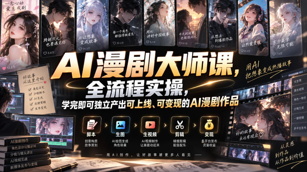 AI漫剧大师课，全流程实操，学完即可独立产出可上线、可变现的AI漫剧作品瀚萌资源网-网赚网-网赚项目网-虚拟资源网-国学资源网-易学资源网-本站有全网最新网赚项目-易学课程资源-中医课程资源的在线下载网站！瀚萌资源网