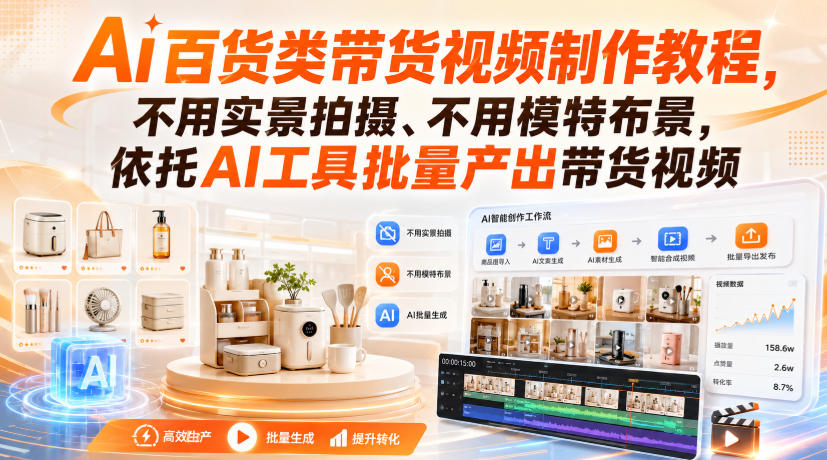 Ai百货类带货视频制作教程，不用实景拍摄、不用模特布景，依托AI工具批量产出带货视频瀚萌资源网-网赚网-网赚项目网-虚拟资源网-国学资源网-易学资源网-本站有全网最新网赚项目-易学课程资源-中医课程资源的在线下载网站！瀚萌资源网