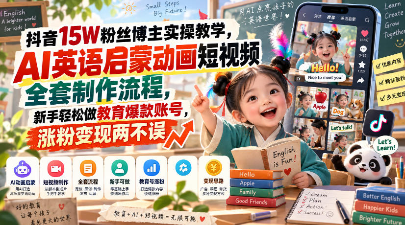 抖音15W粉丝博主实操教学，AI英语启蒙动画短视频全套制作流程，新手轻松做教育爆款账号，涨粉变现两不误瀚萌资源网-网赚网-网赚项目网-虚拟资源网-国学资源网-易学资源网-本站有全网最新网赚项目-易学课程资源-中医课程资源的在线下载网站！瀚萌资源网