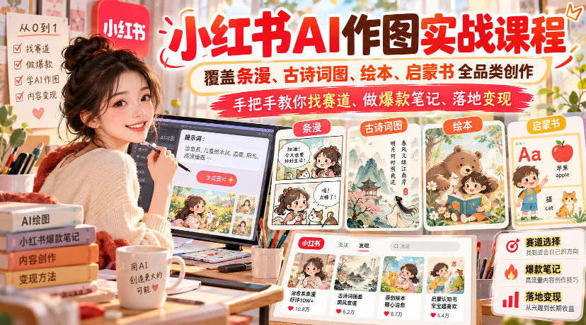 小红书AI作图实战课程，覆盖条漫、古诗词图、绘本、启蒙书全品类创作，手把手教你找赛道、做爆款笔记、落地变现瀚萌资源网-网赚网-网赚项目网-虚拟资源网-国学资源网-易学资源网-本站有全网最新网赚项目-易学课程资源-中医课程资源的在线下载网站！瀚萌资源网
