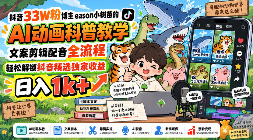 抖音33W粉博主eason小树苗的AI动画科普教学，文案剪辑配音全流程，轻松解锁抖音精选独家收益，日入1k+瀚萌资源网-网赚网-网赚项目网-虚拟资源网-国学资源网-易学资源网-本站有全网最新网赚项目-易学课程资源-中医课程资源的在线下载网站！瀚萌资源网