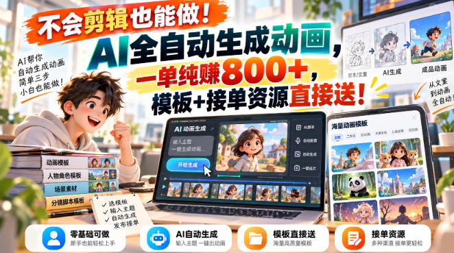 不会剪辑也能做！AI全自动生成动画，一单纯賺800+，模板+接单资源直接送！【揭秘】瀚萌资源网-网赚网-网赚项目网-虚拟资源网-国学资源网-易学资源网-本站有全网最新网赚项目-易学课程资源-中医课程资源的在线下载网站！瀚萌资源网