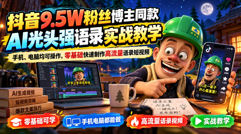 抖音9.5W粉丝博主同款AI光头强语录实战教学，手机、电脑均可操作，零基础快速制作高流量语录短视频瀚萌资源网-网赚网-网赚项目网-虚拟资源网-国学资源网-易学资源网-本站有全网最新网赚项目-易学课程资源-中医课程资源的在线下载网站！瀚萌资源网