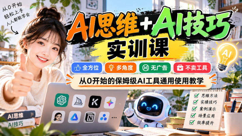 AI思维+AI技巧实训课，全方位、多角度、无广告、不卖工具，从0开始的保姆级AI工具通用使用教学瀚萌资源网-网赚网-网赚项目网-虚拟资源网-国学资源网-易学资源网-本站有全网最新网赚项目-易学课程资源-中医课程资源的在线下载网站！瀚萌资源网