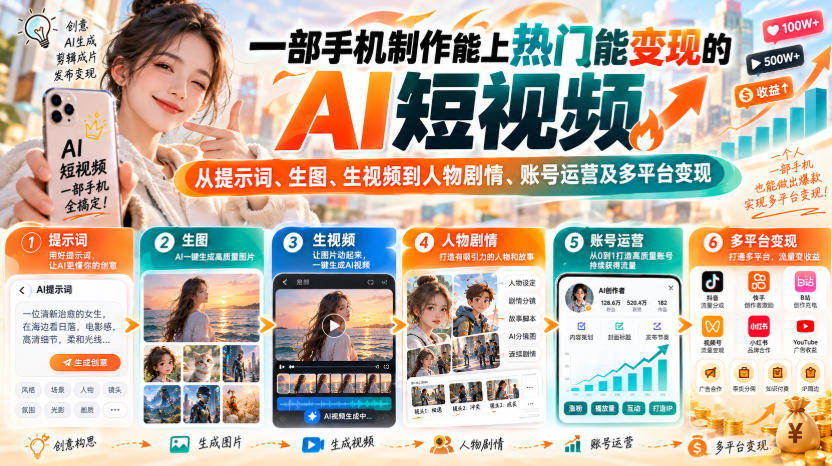 【无水印】一部手机制作能上热门能变现的AI短视频，从提示词、生图、生视频到人物剧情、账号运营及多平台变现瀚萌资源网-网赚网-网赚项目网-虚拟资源网-国学资源网-易学资源网-本站有全网最新网赚项目-易学课程资源-中医课程资源的在线下载网站！瀚萌资源网