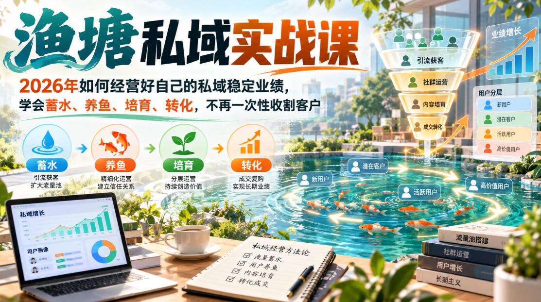 渔塘私域实战课，2026年如何经营好自己的私域稳定业绩，学会蓄水、养鱼、培育、转化，不再一次性收割客户瀚萌资源网-网赚网-网赚项目网-虚拟资源网-国学资源网-易学资源网-本站有全网最新网赚项目-易学课程资源-中医课程资源的在线下载网站！瀚萌资源网