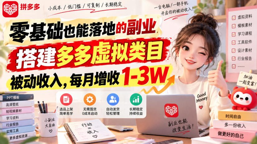 零基础也能落地的副业，搭建多多虚拟类目被动收入，每月增收1-3W【揭秘】瀚萌资源网-网赚网-网赚项目网-虚拟资源网-国学资源网-易学资源网-本站有全网最新网赚项目-易学课程资源-中医课程资源的在线下载网站！瀚萌资源网