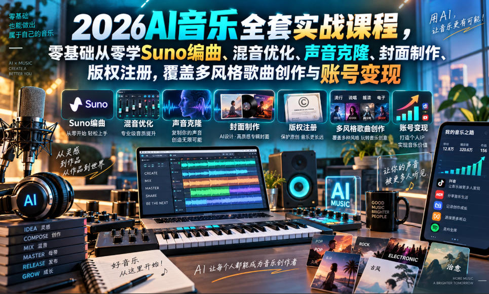 2026AI音乐实战课程，零基础从零学Suno编曲、混音优化、声音克隆、版权注册，覆盖多风格歌曲创作与账号变现瀚萌资源网-网赚网-网赚项目网-虚拟资源网-国学资源网-易学资源网-本站有全网最新网赚项目-易学课程资源-中医课程资源的在线下载网站！瀚萌资源网