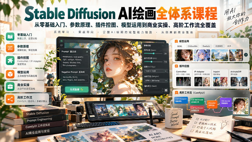 【无水印】Stable Diffusion AI绘画全体系课程，从零基础入门、参数原理、插件控图、模型运用到商业实操、高阶工作流全覆盖瀚萌资源网-网赚网-网赚项目网-虚拟资源网-国学资源网-易学资源网-本站有全网最新网赚项目-易学课程资源-中医课程资源的在线下载网站！瀚萌资源网
