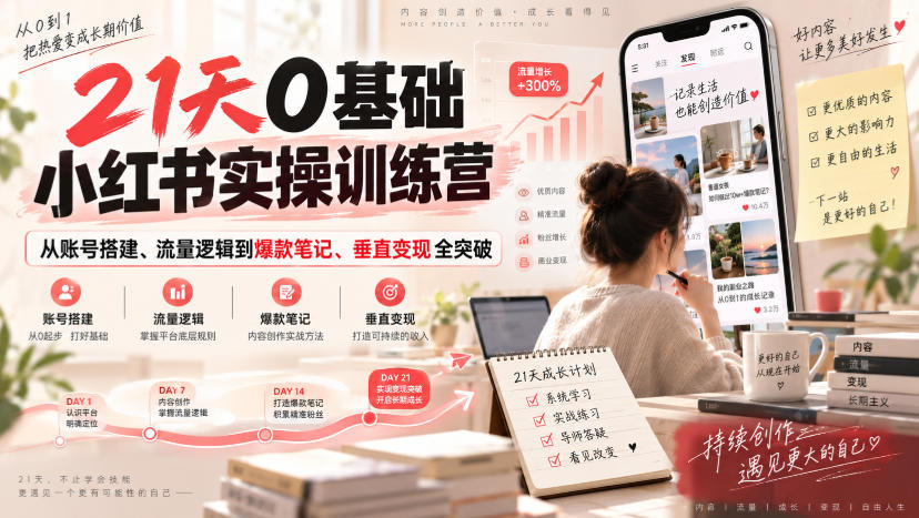21天0基础小红书实操训练营｜从账号搭建、流量逻辑到爆款笔记、垂直变现全突破瀚萌资源网-网赚网-网赚项目网-虚拟资源网-国学资源网-易学资源网-本站有全网最新网赚项目-易学课程资源-中医课程资源的在线下载网站！瀚萌资源网