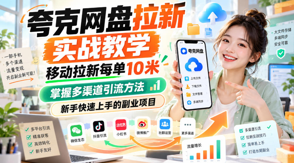 夸克网盘拉新实战教学，移动拉新每单10米，掌握多渠道引流方法，新手快速上手的副业项目瀚萌资源网-网赚网-网赚项目网-虚拟资源网-国学资源网-易学资源网-本站有全网最新网赚项目-易学课程资源-中医课程资源的在线下载网站！瀚萌资源网