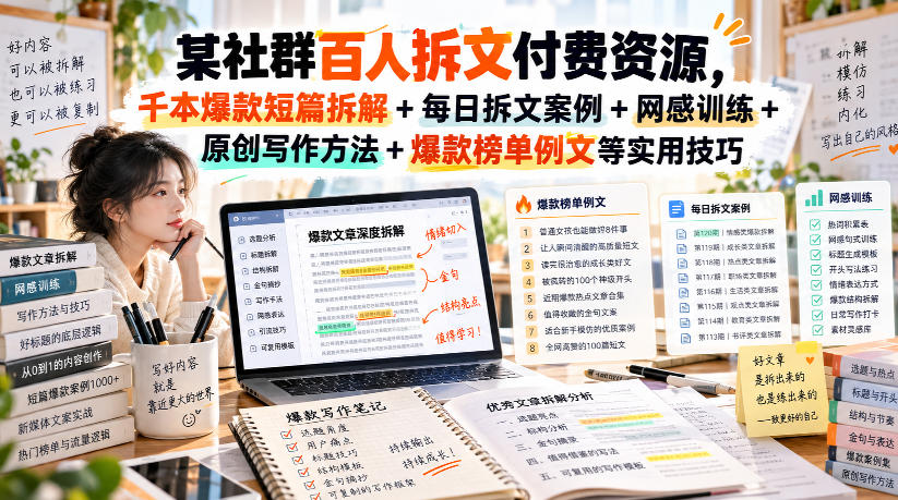 某社群百人拆文付费资源，千本爆款短篇拆解+每日拆文案例+网感训练+原创写作方法+爆款榜单例文等实用技巧(持续更新)瀚萌资源网-网赚网-网赚项目网-虚拟资源网-国学资源网-易学资源网-本站有全网最新网赚项目-易学课程资源-中医课程资源的在线下载网站！瀚萌资源网