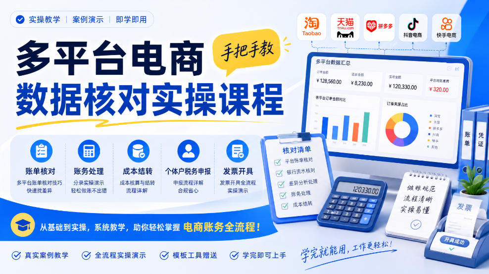 多平台电商数据核对实操课程，手把手教账单核对、账务处理、成本结转、个体户税务申报与发票开具瀚萌资源网-网赚网-网赚项目网-虚拟资源网-国学资源网-易学资源网-本站有全网最新网赚项目-易学课程资源-中医课程资源的在线下载网站！瀚萌资源网