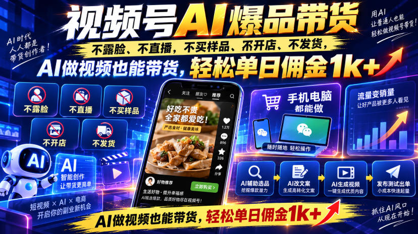 视频号Ai爆品带货，不露脸、不直播、不买样品、不开店、不发货，AI做视频也能带货，轻松单日佣金1k+瀚萌资源网-网赚网-网赚项目网-虚拟资源网-国学资源网-易学资源网-本站有全网最新网赚项目-易学课程资源-中医课程资源的在线下载网站！瀚萌资源网