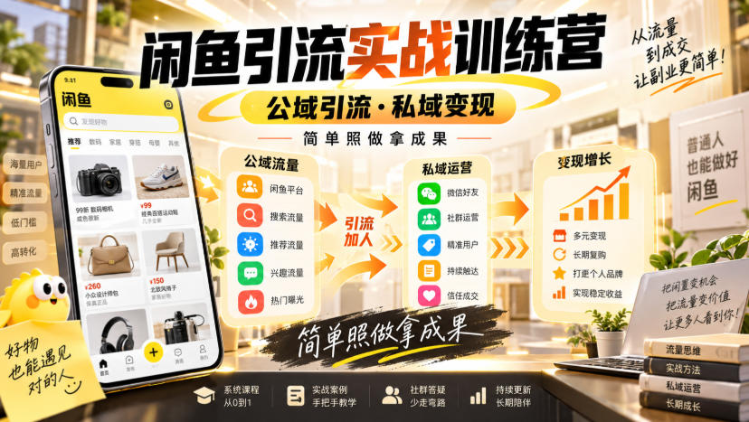 闲鱼引流实战训练营，公域引流·私域变现，简单照做拿成果瀚萌资源网-网赚网-网赚项目网-虚拟资源网-国学资源网-易学资源网-本站有全网最新网赚项目-易学课程资源-中医课程资源的在线下载网站！瀚萌资源网
