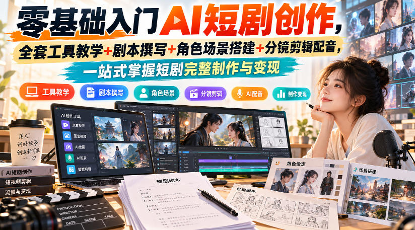 零基础入门AI短剧创作，全套工具教学+剧本撰写+角色场景搭建+分镜剪辑配音，一站式掌握短剧完整制作与变现瀚萌资源网-网赚网-网赚项目网-虚拟资源网-国学资源网-易学资源网-本站有全网最新网赚项目-易学课程资源-中医课程资源的在线下载网站！瀚萌资源网