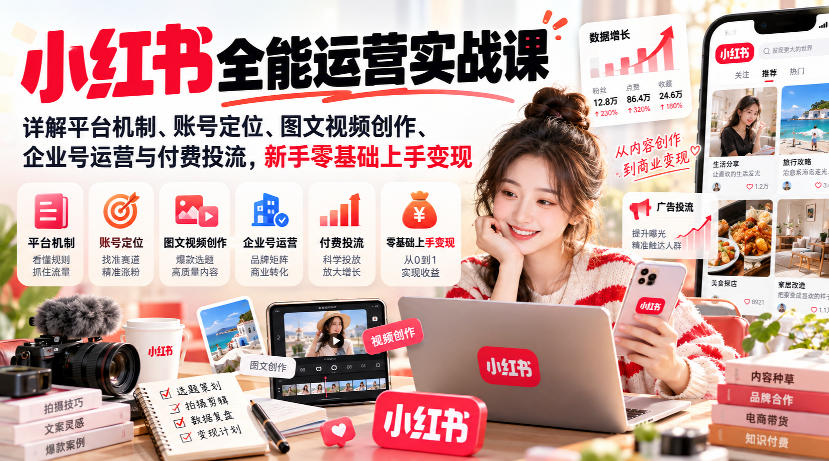 小红书全能运营实战课，详解平台机制、账号定位、图文视频创作、企业号运营与付费投流，新手零基础上手变现瀚萌资源网-网赚网-网赚项目网-虚拟资源网-国学资源网-易学资源网-本站有全网最新网赚项目-易学课程资源-中医课程资源的在线下载网站！瀚萌资源网