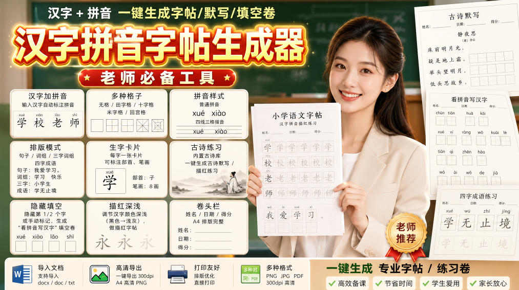 学习神器，汉字拼音字帖生成器，汉字+拼音 一键生成字帖/默写/填空卷，支持词组、成语，老师、家长必备瀚萌资源网-网赚网-网赚项目网-虚拟资源网-国学资源网-易学资源网-本站有全网最新网赚项目-易学课程资源-中医课程资源的在线下载网站！瀚萌资源网