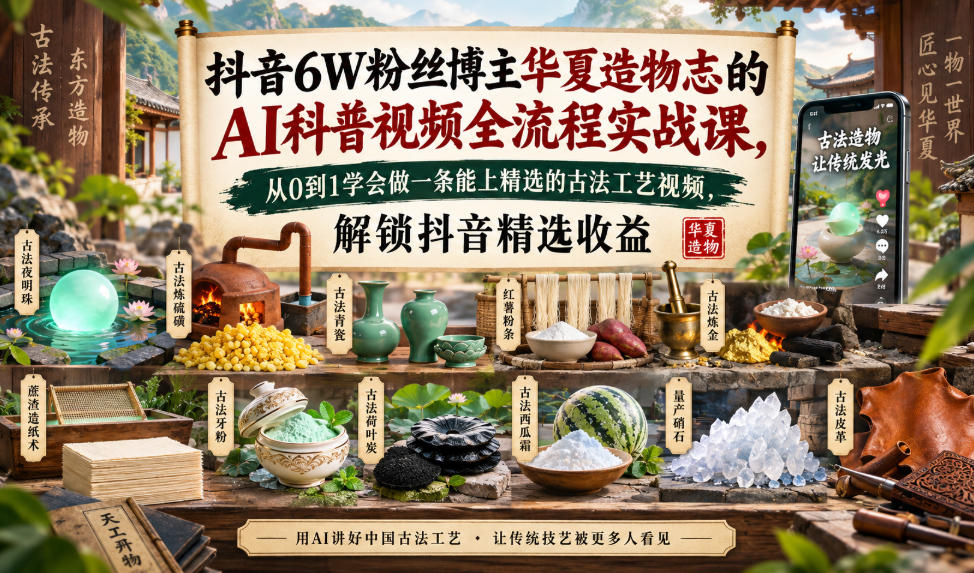 抖音6W粉丝博主华夏造物志的AI科普视频全流程实战课，从0到1学会做一条能上精选的古法工艺视频，解锁抖音精选收益瀚萌资源网-网赚网-网赚项目网-虚拟资源网-国学资源网-易学资源网-本站有全网最新网赚项目-易学课程资源-中医课程资源的在线下载网站！瀚萌资源网