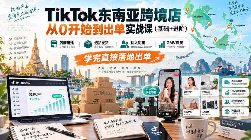TikTok东南亚跨境店从0开始到出单实战课（基础+进阶），店铺搭建、选品发货、达人对接、GMV投流，学完直接落地出单瀚萌资源网-网赚网-网赚项目网-虚拟资源网-国学资源网-易学资源网-本站有全网最新网赚项目-易学课程资源-中医课程资源的在线下载网站！瀚萌资源网