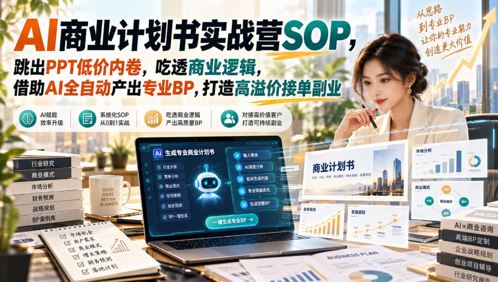 【无水印】AI商业计划书实战营SOP，跳出PPT低价内卷，吃透商业逻辑，借助AI全自动产出专业BP，打造高溢价接单副业瀚萌资源网-网赚网-网赚项目网-虚拟资源网-国学资源网-易学资源网-本站有全网最新网赚项目-易学课程资源-中医课程资源的在线下载网站！瀚萌资源网