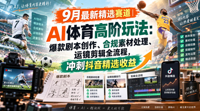 某大佬的9月最新精选赛道之AI体育顶级玩法，爆款剧本创作、版权规避、运镜剪辑全流程，稳拿抖音精选收益瀚萌资源网-网赚网-网赚项目网-虚拟资源网-国学资源网-易学资源网-本站有全网最新网赚项目-易学课程资源-中医课程资源的在线下载网站！瀚萌资源网
