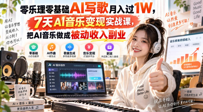 零乐理零基础AI写歌月入过1W，7天AI音乐变现实战课，把AI音乐做成被动收入副业瀚萌资源网-网赚网-网赚项目网-虚拟资源网-国学资源网-易学资源网-本站有全网最新网赚项目-易学课程资源-中医课程资源的在线下载网站！瀚萌资源网