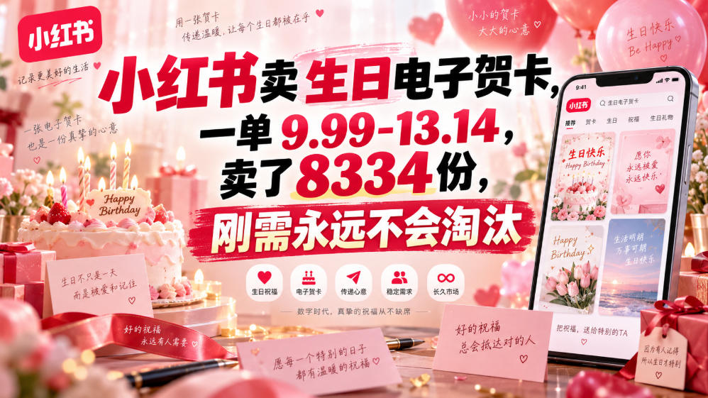 小红书卖生日电子贺卡，一单9.99-13.14，卖了8334份，刚需永远不会淘汰瀚萌资源网-网赚网-网赚项目网-虚拟资源网-国学资源网-易学资源网-本站有全网最新网赚项目-易学课程资源-中医课程资源的在线下载网站！瀚萌资源网