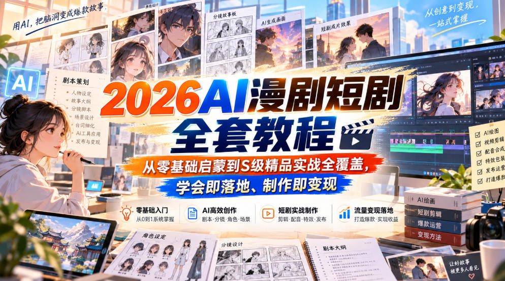 【无水印】2026AI漫剧短剧全套教程，从零基础启蒙到S级精品实战全覆盖，学会即落地、制作即变现瀚萌资源网-网赚网-网赚项目网-虚拟资源网-国学资源网-易学资源网-本站有全网最新网赚项目-易学课程资源-中医课程资源的在线下载网站！瀚萌资源网