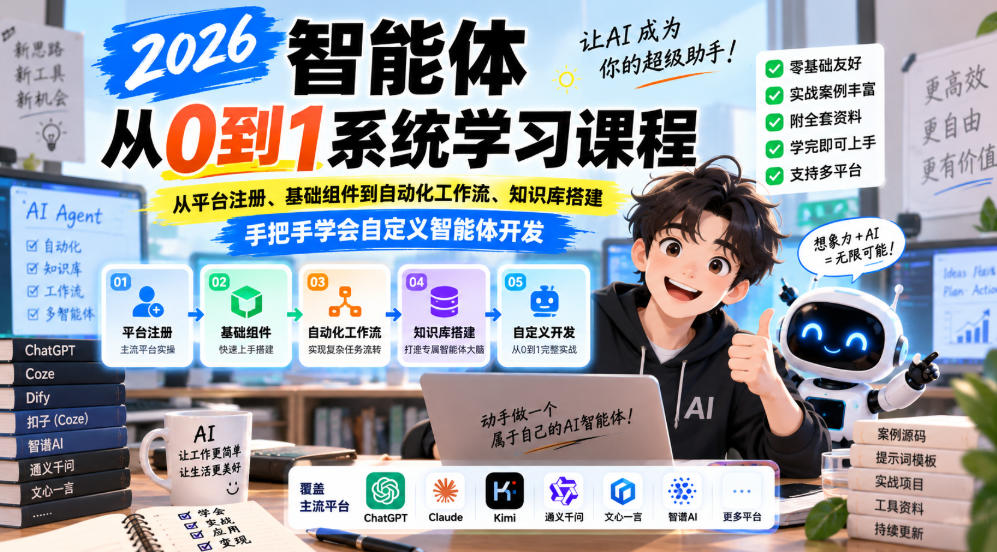 2026智能体从0到1系统学习课程，从平台注册、基础组件到自动化工作流、知识库搭建，手把手学会自定义智能体开发瀚萌资源网-网赚网-网赚项目网-虚拟资源网-国学资源网-易学资源网-本站有全网最新网赚项目-易学课程资源-中医课程资源的在线下载网站！瀚萌资源网