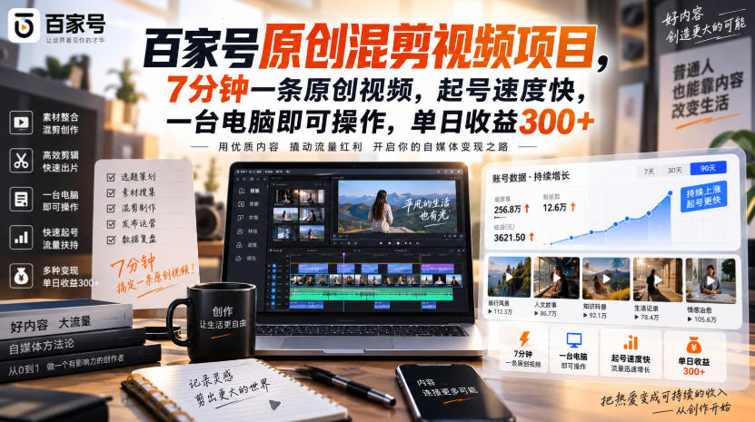 百家号原创混剪视频项目，7分钟一条原创视频，起号速度快，一台电脑即可操作，单日收益300+瀚萌资源网-网赚网-网赚项目网-虚拟资源网-国学资源网-易学资源网-本站有全网最新网赚项目-易学课程资源-中医课程资源的在线下载网站！瀚萌资源网