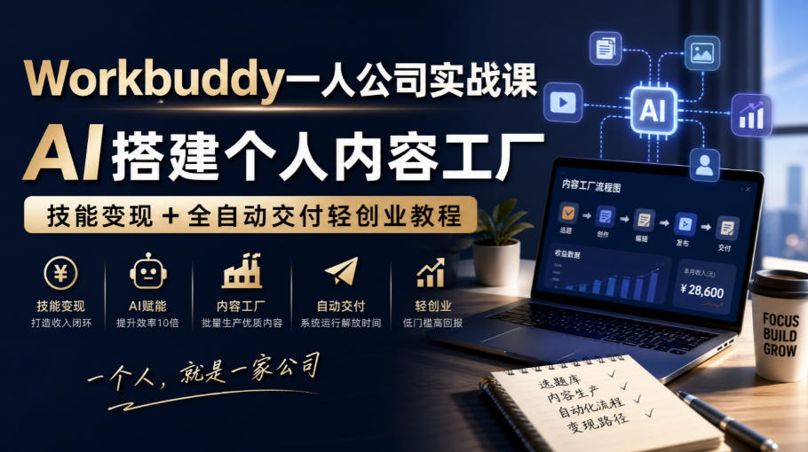 Workbuddy一人公司实战课，AI搭建个人内容工厂，技能变现+全自动交付轻创业教程​瀚萌资源网-网赚网-网赚项目网-虚拟资源网-国学资源网-易学资源网-本站有全网最新网赚项目-易学课程资源-中医课程资源的在线下载网站！瀚萌资源网