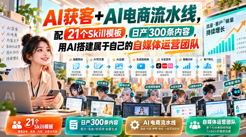 AI获客+AI电商流水线，配21个Skill模板，日产300条内容，用AI搭建属于自己的自媒体运营团队瀚萌资源网-网赚网-网赚项目网-虚拟资源网-国学资源网-易学资源网-本站有全网最新网赚项目-易学课程资源-中医课程资源的在线下载网站！瀚萌资源网