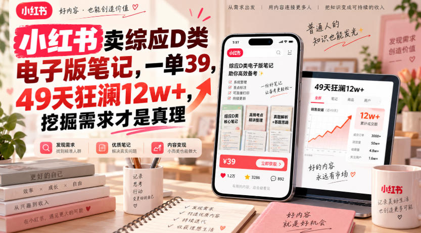 小红书卖综应D类电子版笔记，一单39，49天狂澜12w+，挖掘需求才是真理瀚萌资源网-网赚网-网赚项目网-虚拟资源网-国学资源网-易学资源网-本站有全网最新网赚项目-易学课程资源-中医课程资源的在线下载网站！瀚萌资源网