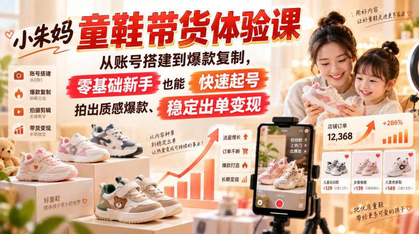 小朱妈童鞋带货体验课，从账号搭建到爆款复制，零基础新手也能快速起号、拍出质感爆款、稳定出单变现瀚萌资源网-网赚网-网赚项目网-虚拟资源网-国学资源网-易学资源网-本站有全网最新网赚项目-易学课程资源-中医课程资源的在线下载网站！瀚萌资源网