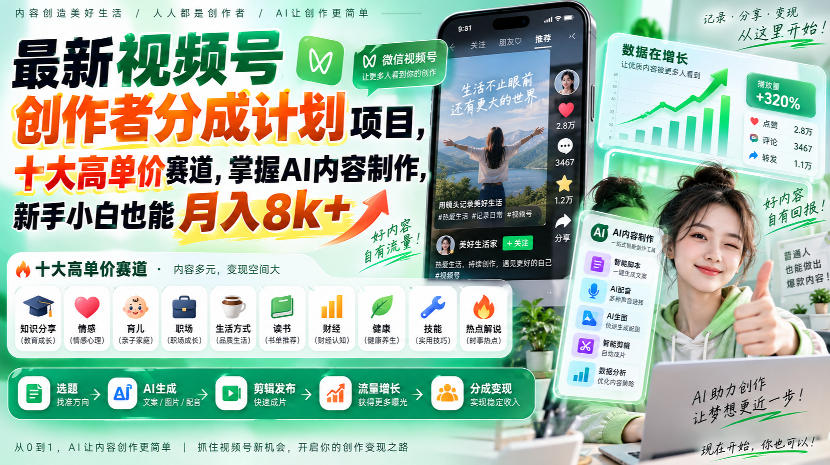 最新视频号创作者分成计划项目，十大高单价赛道，掌握AI内容制作，新手小白也能月入8k+瀚萌资源网-网赚网-网赚项目网-虚拟资源网-国学资源网-易学资源网-本站有全网最新网赚项目-易学课程资源-中医课程资源的在线下载网站！瀚萌资源网