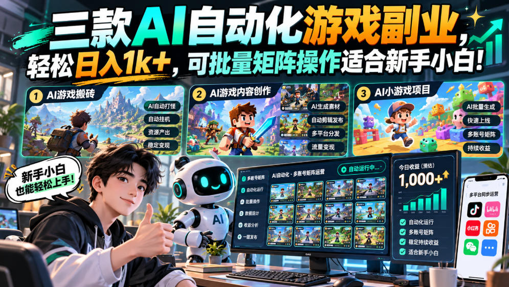三款AI自动化游戏副业，轻松日入1k+，可批量矩阵操作适合新手小白！【揭秘】瀚萌资源网-网赚网-网赚项目网-虚拟资源网-国学资源网-易学资源网-本站有全网最新网赚项目-易学课程资源-中医课程资源的在线下载网站！瀚萌资源网