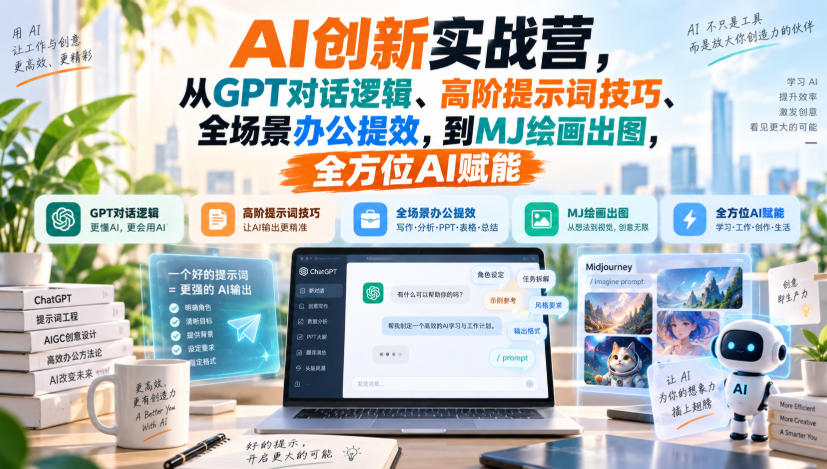 AI创新实战营，从GPT对话逻辑、高阶提示词技巧、全场景办公提效，到MJ绘画出图，全方位AI赋能瀚萌资源网-网赚网-网赚项目网-虚拟资源网-国学资源网-易学资源网-本站有全网最新网赚项目-易学课程资源-中医课程资源的在线下载网站！瀚萌资源网