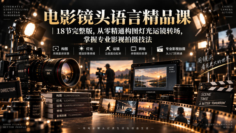 电影镜头语言精品课｜18节完整版，从零精通构图灯光运镜转场，掌握专业影视拍摄技法瀚萌资源网-网赚网-网赚项目网-虚拟资源网-国学资源网-易学资源网-本站有全网最新网赚项目-易学课程资源-中医课程资源的在线下载网站！瀚萌资源网