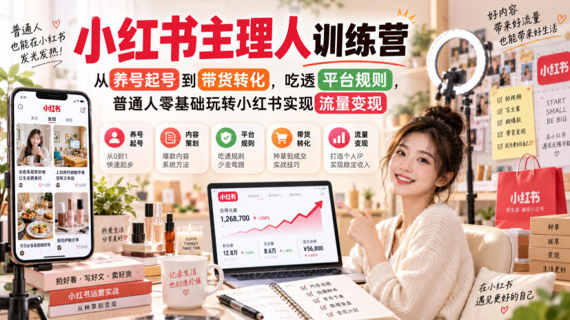小红书主理人训练营，从养号起号到带货转化，吃透平台规则，普通人零基础玩转小红书实现流量变现瀚萌资源网-网赚网-网赚项目网-虚拟资源网-国学资源网-易学资源网-本站有全网最新网赚项目-易学课程资源-中医课程资源的在线下载网站！瀚萌资源网