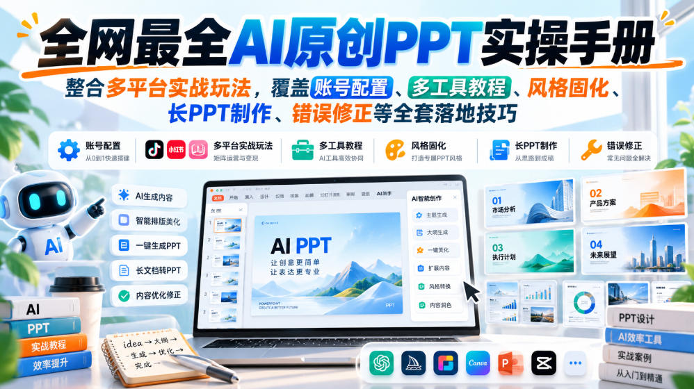 全网最全AI原创PPT实操手册，整合多平台实战玩法，覆盖账号配置、多工具教程、风格固化、长PPT制作、错误修正等全套落地技巧瀚萌资源网-网赚网-网赚项目网-虚拟资源网-国学资源网-易学资源网-本站有全网最新网赚项目-易学课程资源-中医课程资源的在线下载网站！瀚萌资源网