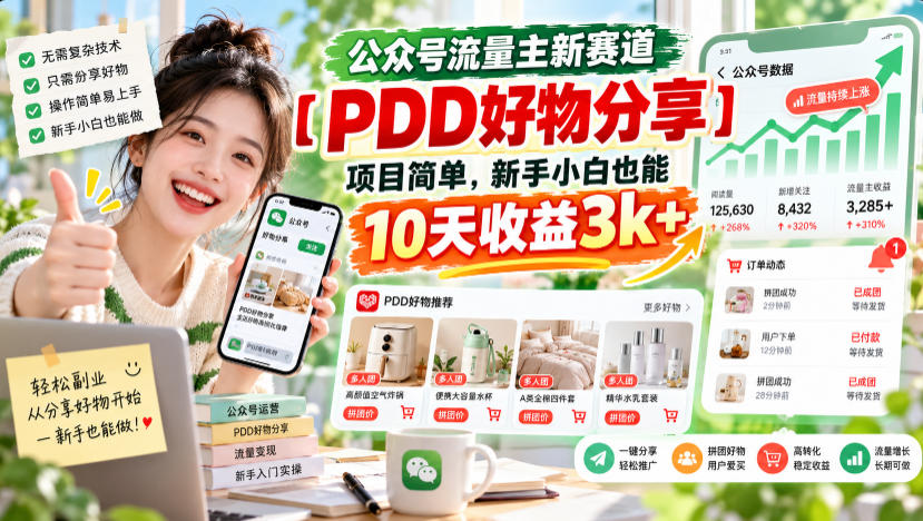 公众号流量主新赛道【PDD好物分享】，项目简单，新手小白也能10天收益3k+瀚萌资源网-网赚网-网赚项目网-虚拟资源网-国学资源网-易学资源网-本站有全网最新网赚项目-易学课程资源-中医课程资源的在线下载网站！瀚萌资源网