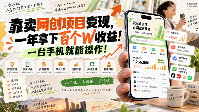 靠卖网创项目变现，一年拿下百个W收益！一台手机就能操作！【揭秘】瀚萌资源网-网赚网-网赚项目网-虚拟资源网-国学资源网-易学资源网-本站有全网最新网赚项目-易学课程资源-中医课程资源的在线下载网站！瀚萌资源网