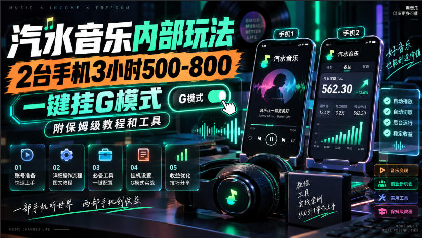 汽水音乐内部玩法，2台手机3小时500-800，一键挂G模式，附保姆级教程和工具【揭秘】瀚萌资源网-网赚网-网赚项目网-虚拟资源网-国学资源网-易学资源网-本站有全网最新网赚项目-易学课程资源-中医课程资源的在线下载网站！瀚萌资源网