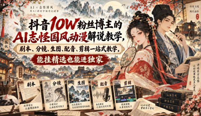抖音10W粉丝博主的AI志怪国风动漫解说教学，剧本、分镜、生图、配音、剪辑一站式教学，能挂精选也能进独家​瀚萌资源网-网赚网-网赚项目网-虚拟资源网-国学资源网-易学资源网-本站有全网最新网赚项目-易学课程资源-中医课程资源的在线下载网站！瀚萌资源网