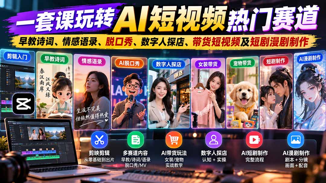 （20964期）一套课玩转AI短视频热门赛道：早教诗词、情感语录、脱口秀、数字人探店、带货短视频及短剧漫剧制作  复制标题瀚萌资源网-网赚网-网赚项目网-虚拟资源网-国学资源网-易学资源网-本站有全网最新网赚项目-易学课程资源-中医课程资源的在线下载网站！瀚萌资源网